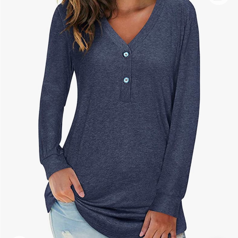 LAISHEN Women's Long Sleeve V Neck Button Henley Tops Casual Loose Tunic Blouse